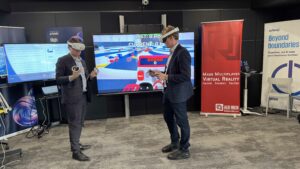VR Training: Marc Miller and Corey Hogan using VR headsets during a Red Iron Labs demo at Platform Calgary