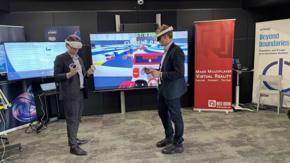 VR Training: Marc Miller and Corey Hogan using VR headsets during a Red Iron Labs demo at Platform Calgary
