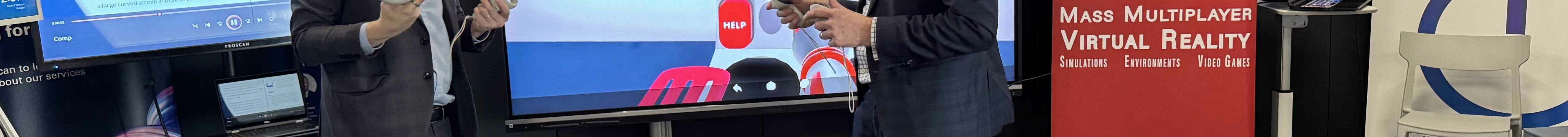 VR Training: Marc Miller and Corey Hogan using VR headsets during a Red Iron Labs demo at Platform Calgary